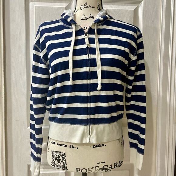 J.CREW HOODIE CROPPED 100% COTTON NAVY/IVORY SZ XS NAUTICAL SAILOR CORE - Picture 9 of 11